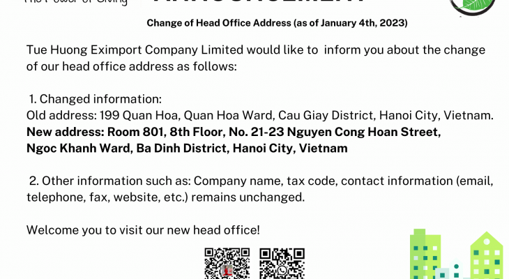 ANNOUNCEMENT ON CHANGE OF ADDRESS OF HEADQUARTERS (AS OF JANUARY 4TH  2023)